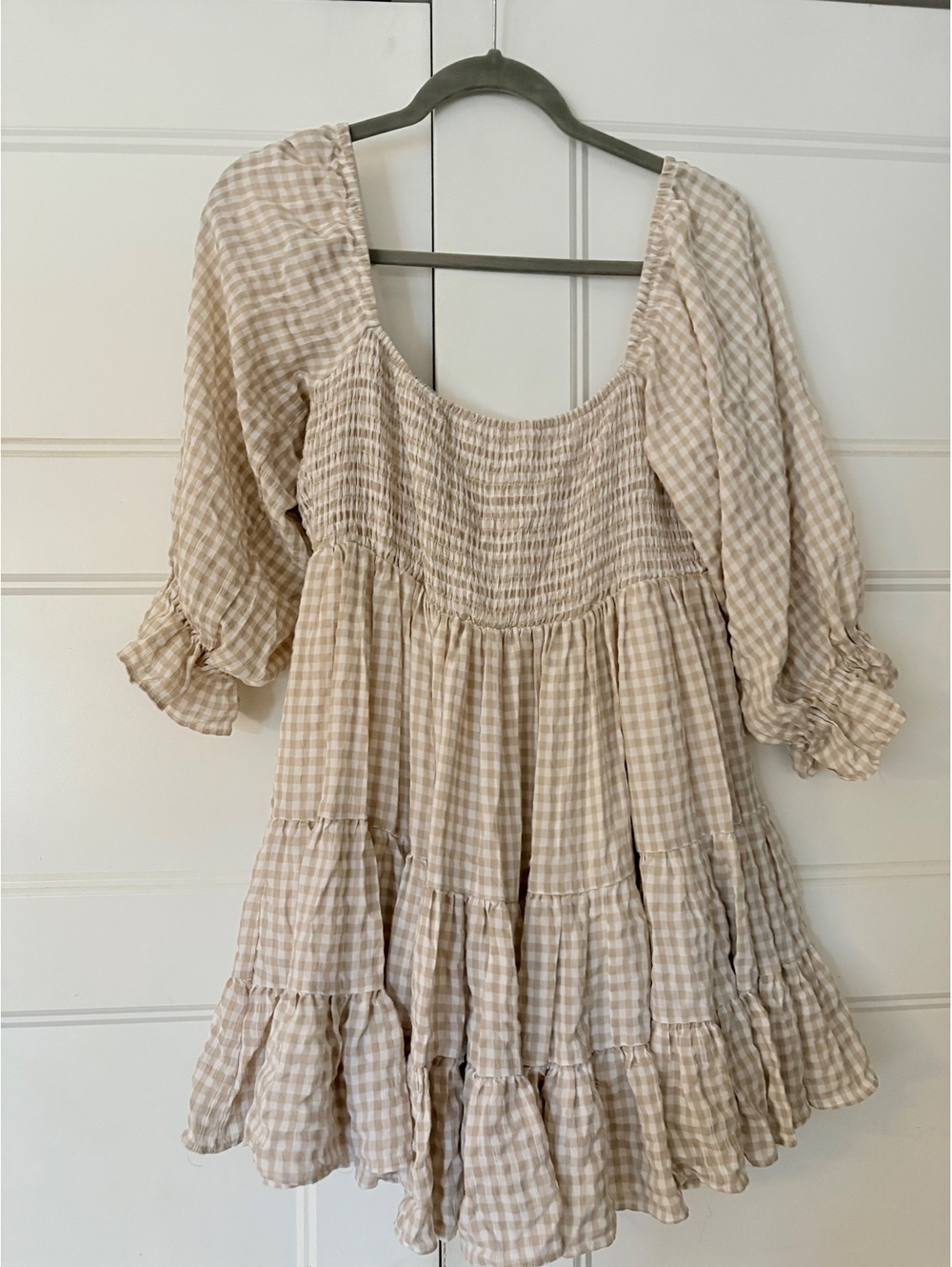 MABL Gingham Smocked Tiered Mini Dress Large Beige Puff Sleeve Cottagecore